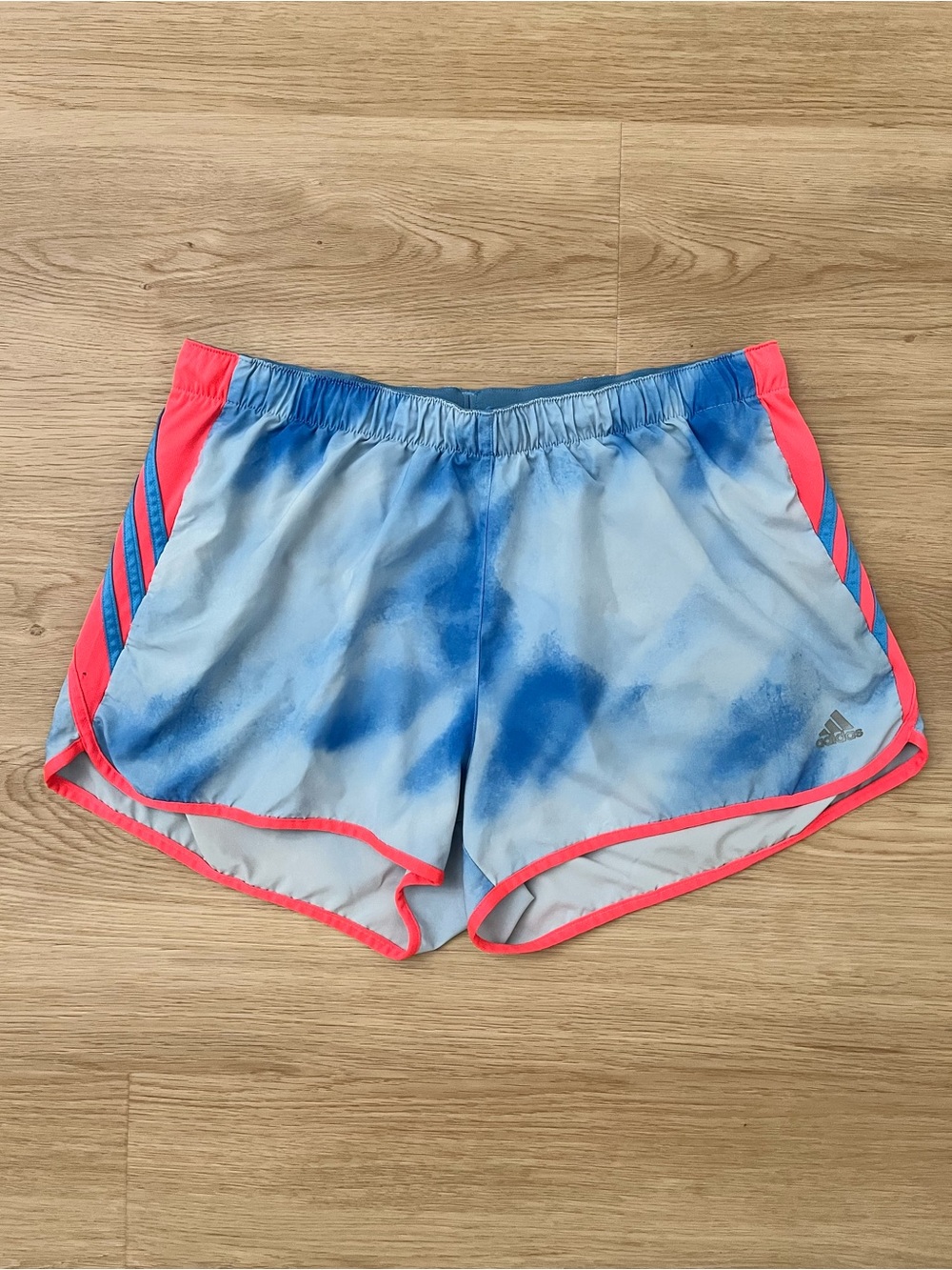 adidas Women's Light Blue Tie-Dye Athletic Shorts with Pink Trim